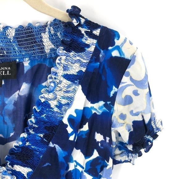 Adrianna Papell Silk Cotton Floral Dress Smocked Waist Fit Flare Blue Size 8 - Picture 2 of 9